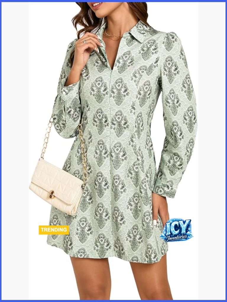 Cotton Floral Mini Dress With Puff Sleeves And Front Zipper